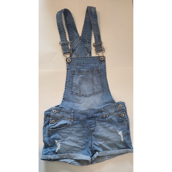 Blue Spice Pants - Bib Overalls Shorts Blue Stretch Jean Shortie Rolled Hem Women Size 7 Blue Spice
